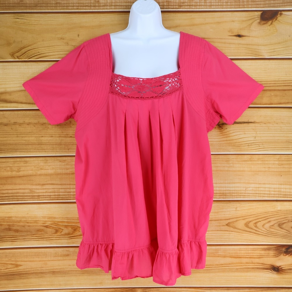 The Paragon Blouse Shirt Womens Sz 3X Pink 100% Cotton Square Neck Short Sleeves